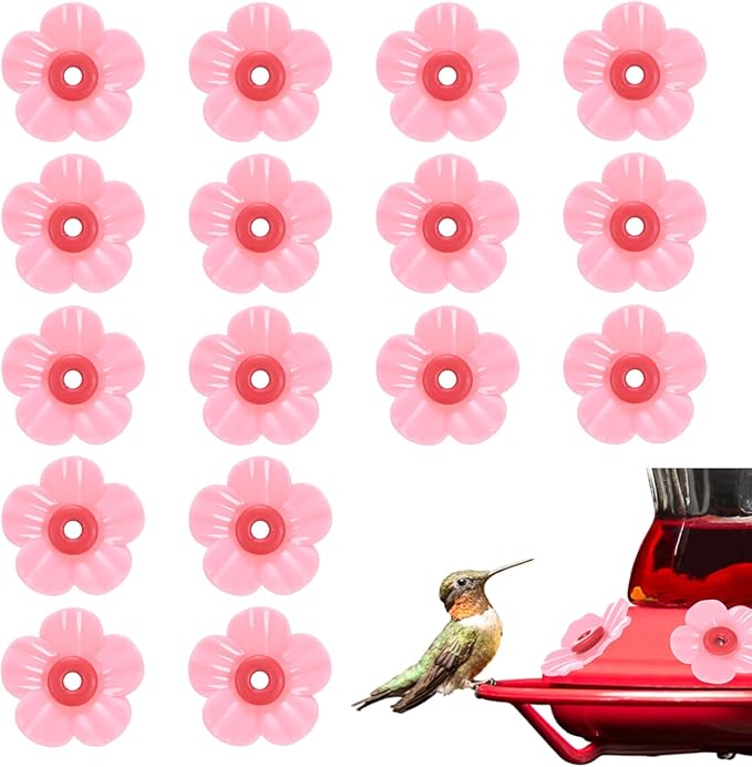 M METERXITY 16-Pack Hummingbird Feeder Replacement Flowers, Plastic Pet Hummingbird Feeding Parts Feeding Ports for Outdoor Hanging Feeders, Bees Guards [Pink]