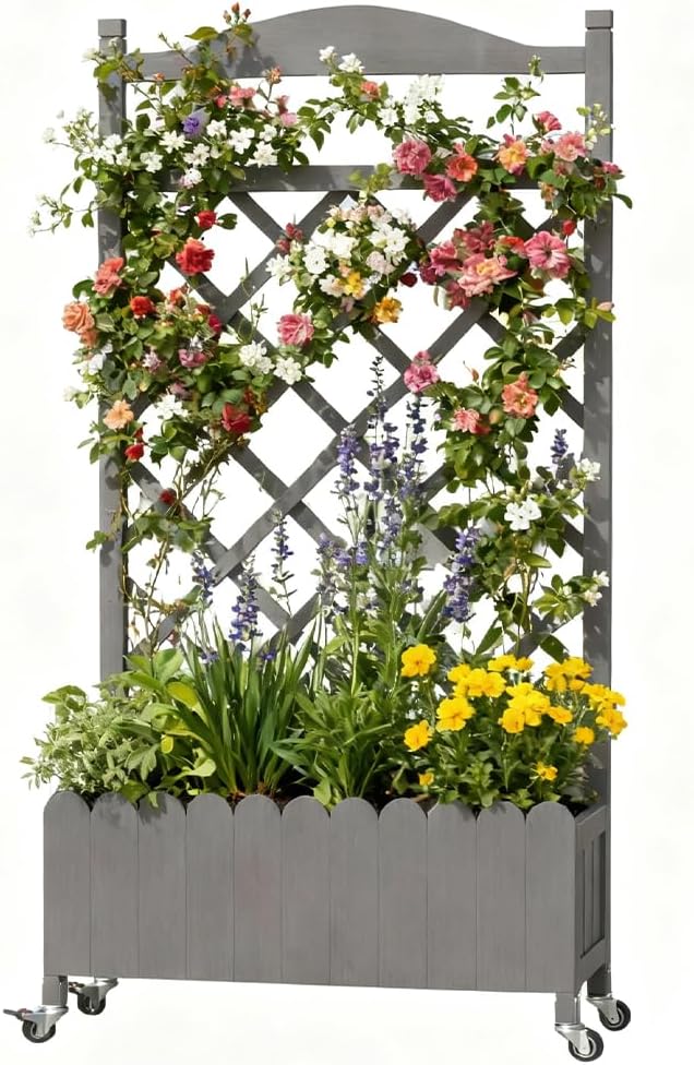 COMHOMA Raised Garden Bed with Trellis and Wheels,48Inch Elevated Planter Box with Drainage Holes,Lattice Privacy Screen for Climbing Plants Vegetables,Outdoor for Patio Balcony Yard,Gray