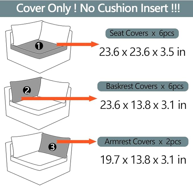 14Pcs Outdoor Cushion Covers Replacement Washable w/Zipper for 6-Seaters Sofa Patio Slipcovers Set Seat and Back Covers Only-23.6x23.6x4inch