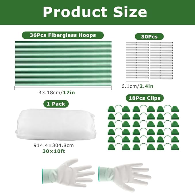 Garden Netting Kit for Raised Beds, 10x30FT Ultra Fine Mesh Netting, 36pcs Greenhouse Hoops 8ft Tunnel, Detachable Hoop House Frame for Row Cover, Bird Netting, Plant Covers