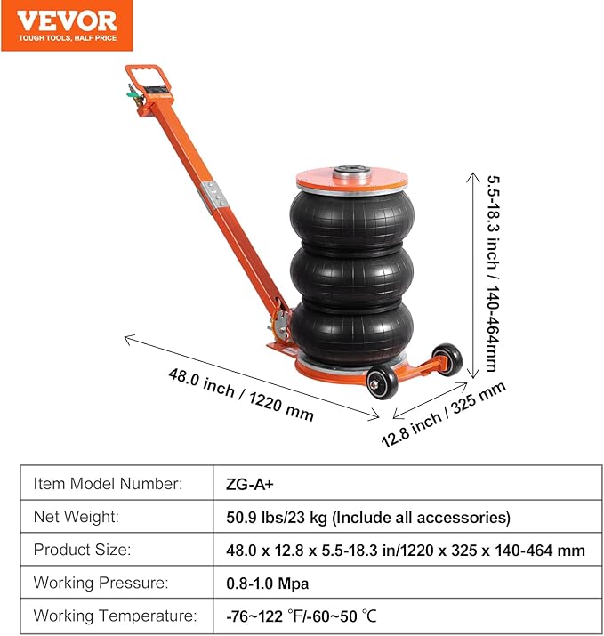VEVOR Air Jack, 5 Ton/11000 lbs, 4-10 S Pneumatic Lifting Jack with Heightened Column & Adjustable Handle, Easy-to-Lift & Space-Saving Jack with Thick Rubber Pad, Fits for Sedan, SUV, Pickup Truck