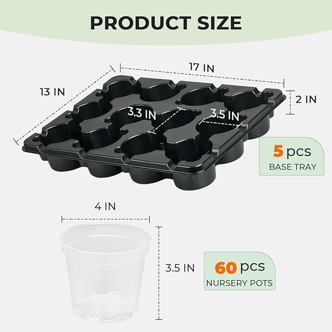 homenote 4 Inch Seed Starting Trays with Clear Nursery Pots, 5-Pack 12-Cell Seedling Starter Trays & 4" Nursery Pots 60 Pcs with Drainage, Plant Starter Germination Trays for Indoor Outdoor Growing