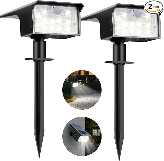 Nipify Solar Spot Lights Outdoor Motion Sensor, [2 Pack/62 LED]3 Modes Solar Landscape Spotlights Outdoor Waterproof, 2-in-1 Solar Lights Outdoor Pathway Lights for Yard Garden Wall Patio, Cool White