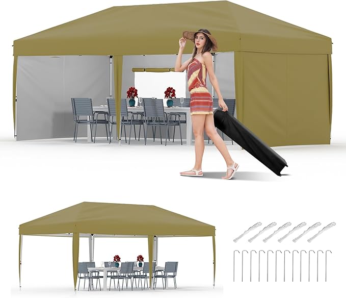 10x20ft Pop Up Canopy Tent, Commercial Heavy-Duty Steel Frame, 210D Oxford Waterproof UV Protection Canopy with 4 Sidewalls, 12 Stakes, 6 Sandbags & Wheeled Bag for Wedding, Camping, Farmers Market