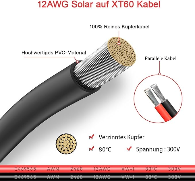 ELFCULB 12AWG 35FT XT60 Solar Cable 2 10 25 35 50 75 100FT XT60 Extension Cable Solar Panel Connector to XT60 Connector for Portable Power Station (35FT)