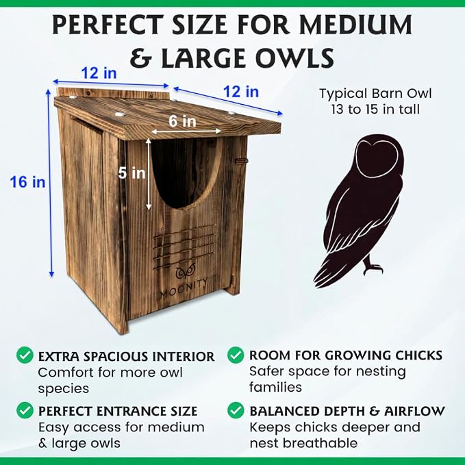 MOONITY Fire-Treated Cedar Owl House Bundle – 16"x12"x12" & 14"x9"x9" Nesting Box Set for Barn, Screech, Kestrel & More – Weatherproof, Predator-Safe & Easy to Install