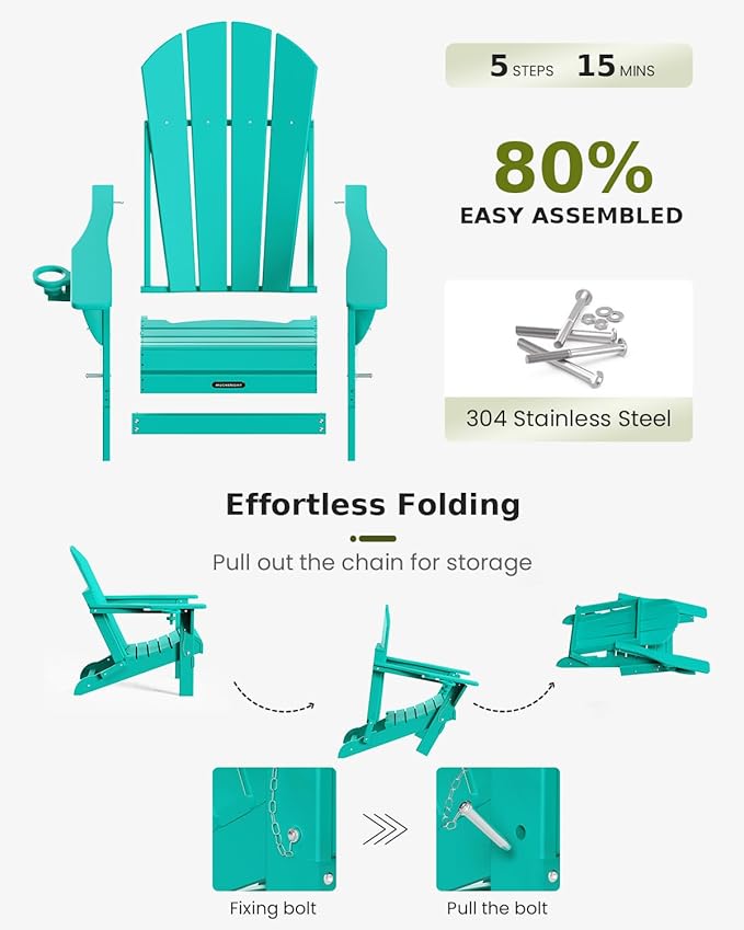 MUCHENGHY Folding Adirondack Chairs 2 Pack, Patio Chairs, Outdoor Chairs, Adirondack Chair Plastic, Fire Pit Chairs, Weather Resistant with Cup Holder for Deck, Backyard, Garden(Lake Blue)