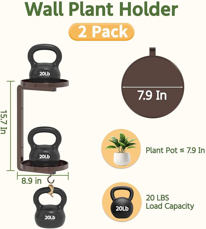 LASZOLA Plant Hangers Holder Wall Mounted Indoor, Metal 2 Tier Window Hanging Plant Shelves, 2Pcs Modern Floating Flower Display Stand with 2 Hooks for Outdoor Kitchen Bathroom Decor, Classic Bronze