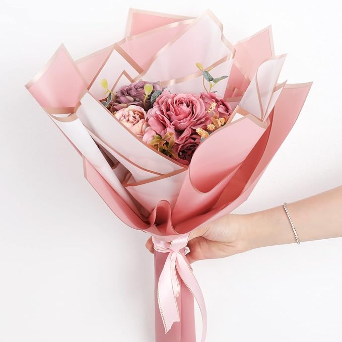 Whaline 120 Pcs Floral Wrapping Paper Folded Flat 12 Colors Gold Edge Waterproof Flowers Florist Bouquet Packaging Paper Colorful Wrapping Supplies for Wedding Birthday Mother's Day Shop DIY Craft