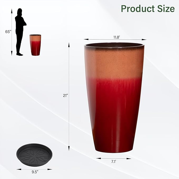 Neoaider Set of 2 Lightweight Ceramic-Look Tall Planter, 21 inch Large Plastic Planter with Drain Hole & Saucers, Large Outdoor Planters for Porch, Garden, Patio, Balcony(Fiery Red)