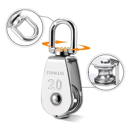 TooTaci Pulley System Set, M20 Crane Pulleys for Lifting with Rope, 304 Stainless Steel Block and Tackle Pulley System, with Nylon Line Rope & Snap Hook, Oblong Eye Pad Plate, Cleat Hooks