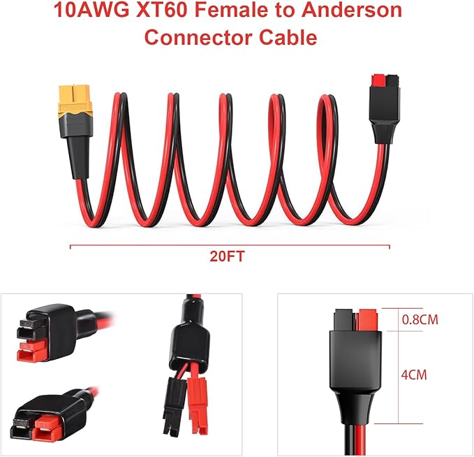 ELFCULB XT60 to Anderson Adapter, 10AWG XT60 Female to Anderson Connector Cable for Portable Power Station UAV RC Battery (20FT)