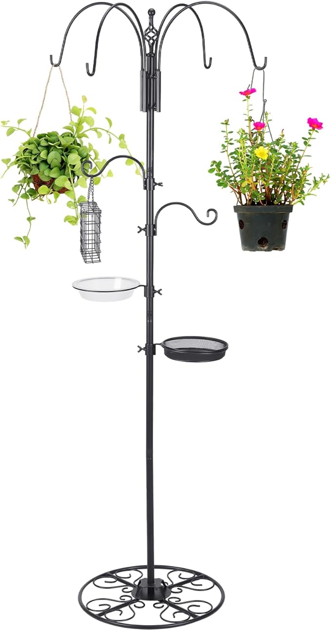 MorningRo Adjustable Shepherd Hook Stand, 34"- 55" Black Iron Shepherd Hook with Base for Plant Hanging, Wind Chime & Bird Feeder - Outdoor Garden Porch Decoration(Elegant Style)