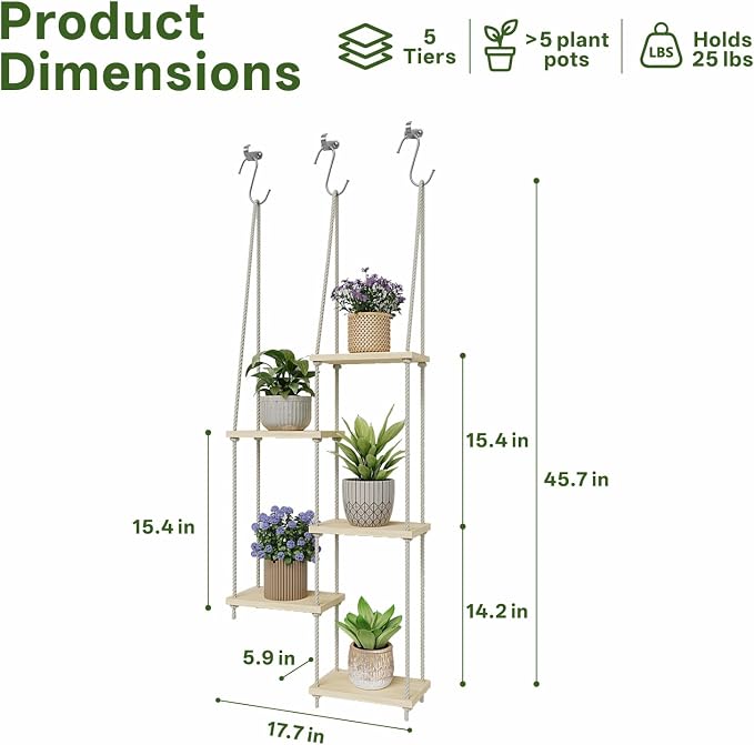 Window Plant Shelves 5-Tier Hanging Plant Shelves for Indoor Window Shelf for Plants Wall Mounted Window Sill Plant Shelf Living Room Garden Boho Decor