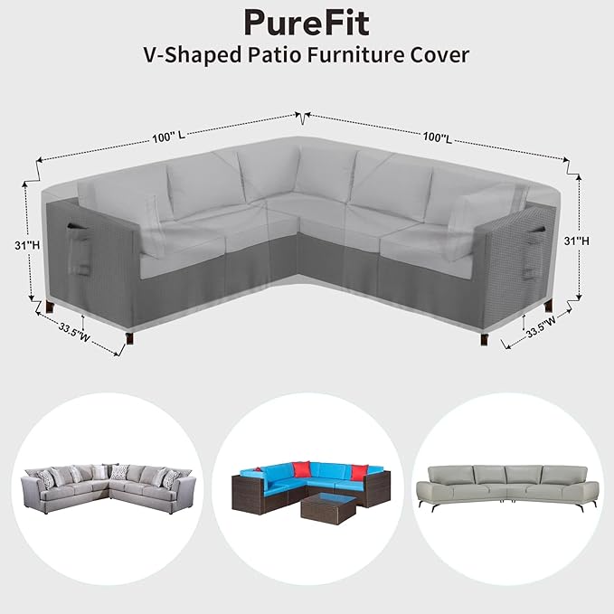 PureFit Outdoor Sectional Sofa Cover Waterproof V Shaped Patio Furniture Covers for Deck, Lawn and Backyard, 100”x100”, Gray