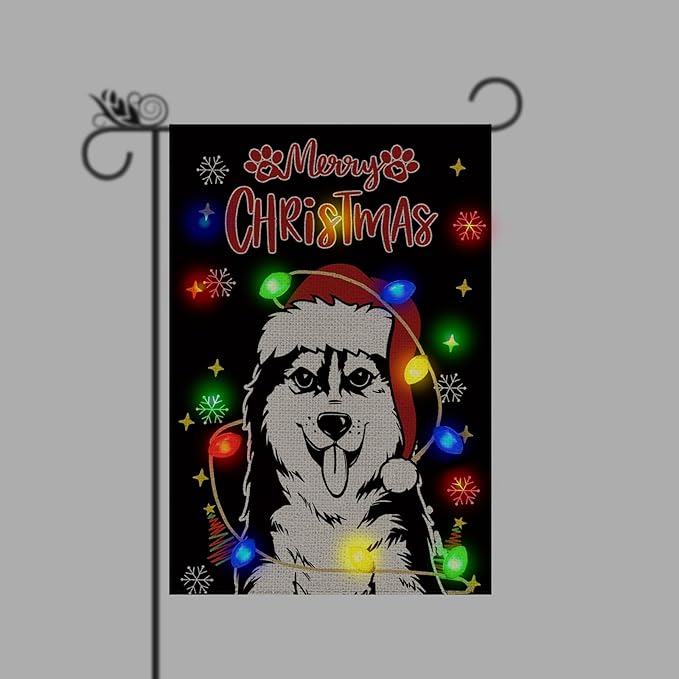 Christmas Dog Garden Flag - Led Husky Christmas Decor for Outside, Welcome Garden Flags Double-Sided Flag for Seasonal Christmas Winter Farmhouse Yard Lawn Decoration Gifts 12x18 inches