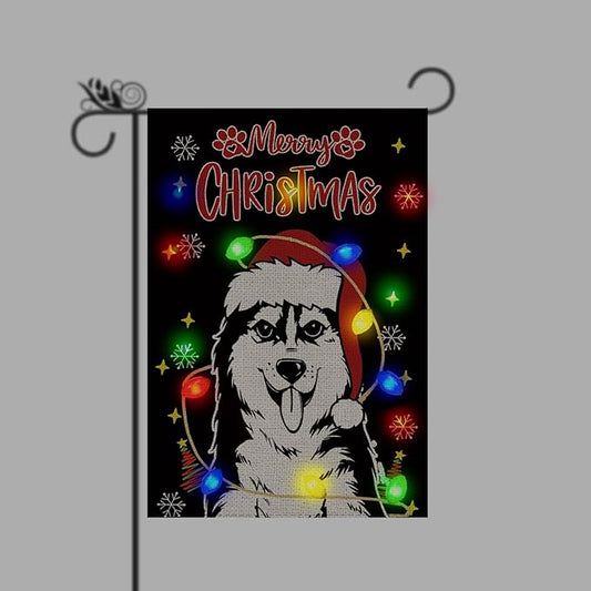 Christmas Dog Garden Flag - Led Husky Christmas Decor for Outside, Welcome Garden Flags Double-Sided Flag for Seasonal Christmas Winter Farmhouse Yard Lawn Decoration Gifts 12x18 inches