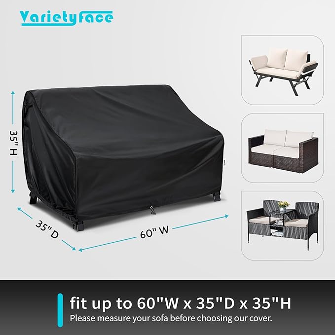 Waterproof Patio Sofa Cover 60"W x 35"D x 35"H, Outdoor Loveseat Couch Windproof Cover with Buckle Straps & Air Vents, UV Resistant, Black