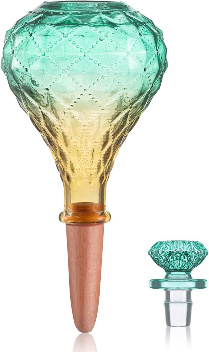 12 oz Plant Watering Globes, Green Glass Self Watering Bulbs Top Fill with Terracotta Spikes Stake, Self Watering Planter Insert Vacation Automatic Plant Waterer Device for Indoor & Outdoor