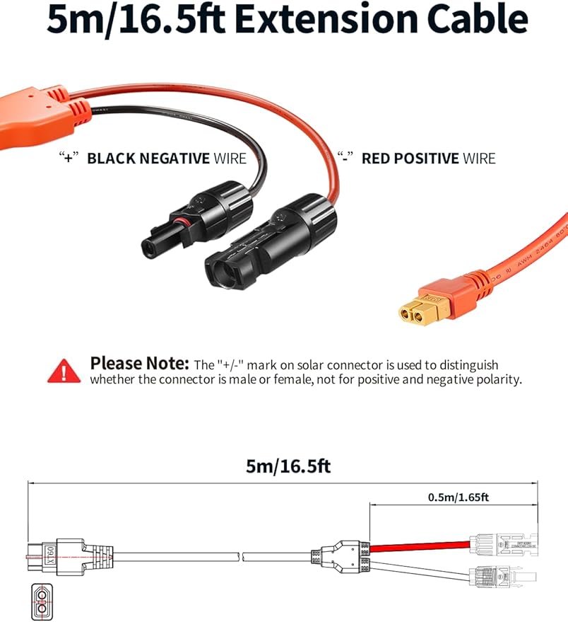 Tonton Solar to XT60 Charge Extension Cable 12AWG 16.5Ft 5M Solar Connector to XT60 Adapter Cable for Ecoflow River and Delta Series Buetti EB55 Power Station Solar Panel, RV, and LiFePO4 Battery