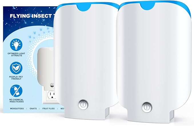 Flying Insect Trap, 2 Packs Fruit Fly Trap Plug in Bug Catcher, Bug Light Trap Indoor Fly Trap for Home Mosquito Indoor Killer, Light Attract & Safer Sticky Trap with 3 Refills, Off-White