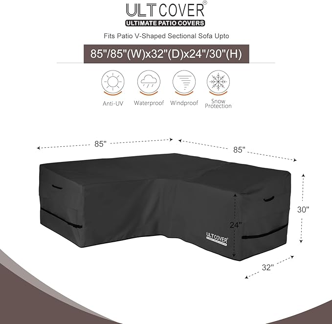 ULTCOVER Patio V-Shaped Sofa Cover Waterproof for 5-Seater Outdoor Sectional Furniture Couch 85 inch Wide, Black