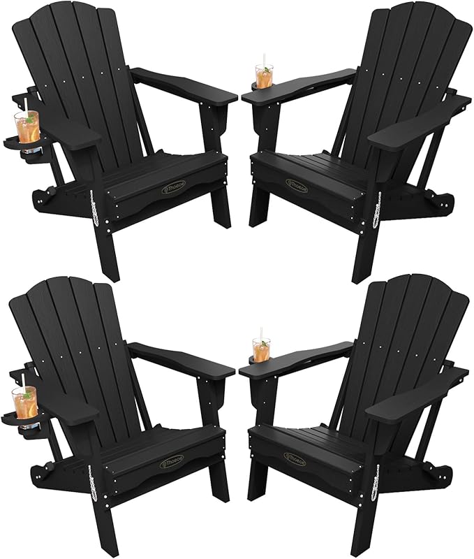 THOEOE Folding Adirondack Chair Set of 4,HDPE All-Weather Outdoor Chair with Cup Holder,Wooden Textured,Fire Pit Chair,Plastic Patio Chair for Deck,Backyard,Garden,Lawn, Black