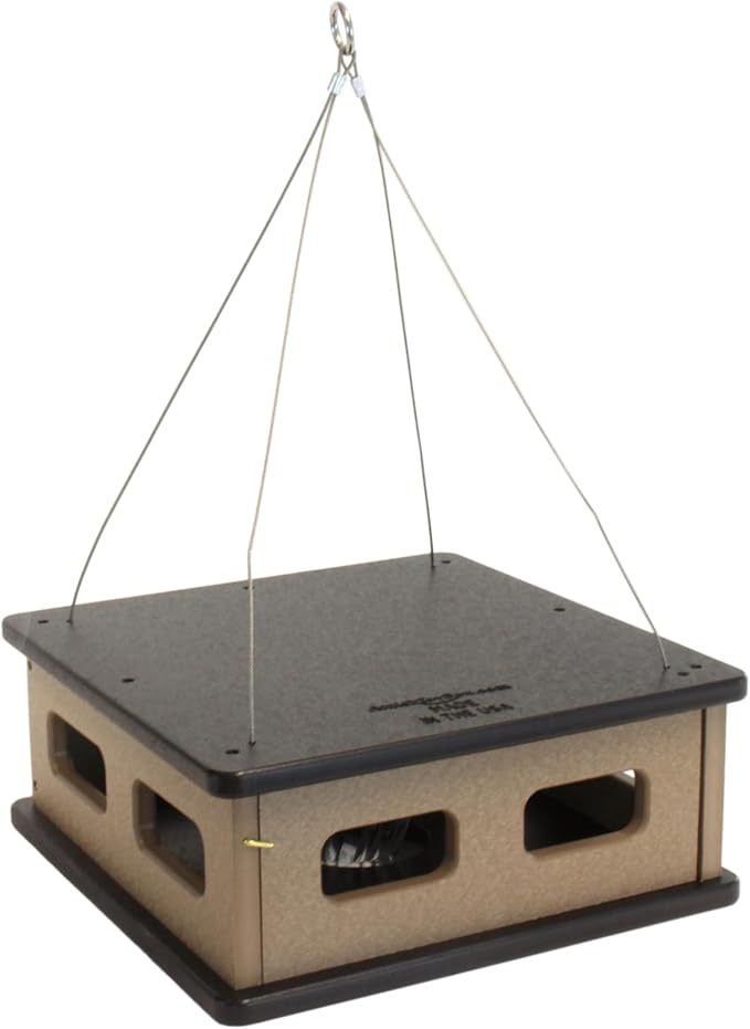 Bluebird Feeder - Hanging Block House Mealworm Feeder for Bluebirds - Amish-Made with Poly Lumber (Black and Weathered Wood)