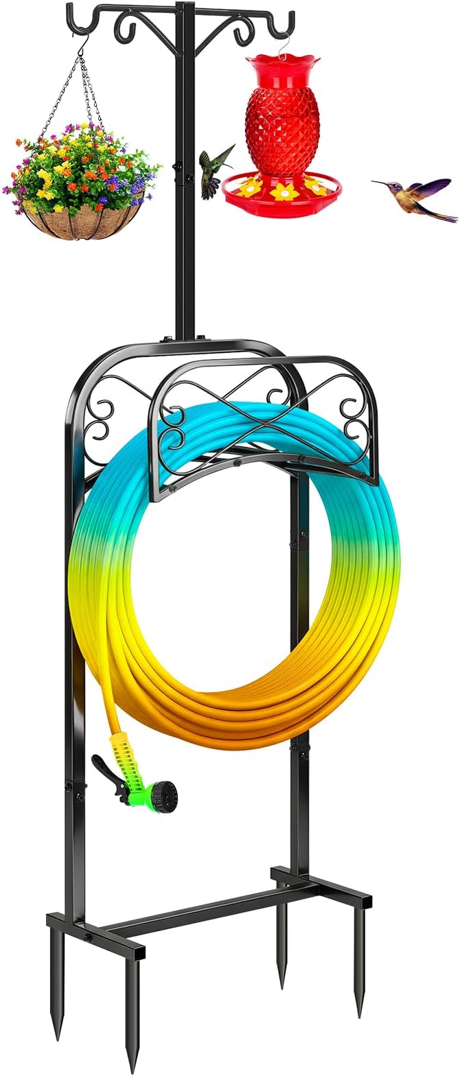 Gtongoko Garden Hose Holder for Outside 70 In With 4 Prongs Base & 2 Shepherds Hook Detachable Metal Water Hose Holder Freestanding Heavy Duty Organizer Holds 150FT Stand Hanger for Outdoor Black