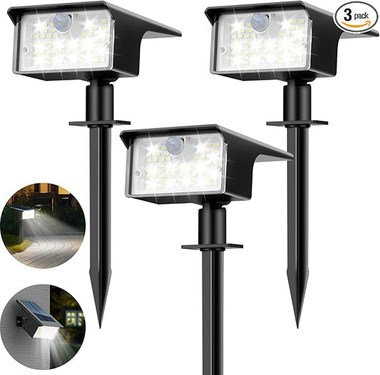 nipify Solar Spot Lights Outdoor, 3 Pack/62 LED Solar Motion Sensor Lights Outdoor Waterproof, 3 Modes Solar Powered Landscape Spotlights 2-in-1 for Outside Yard Wall Garden, Cool White