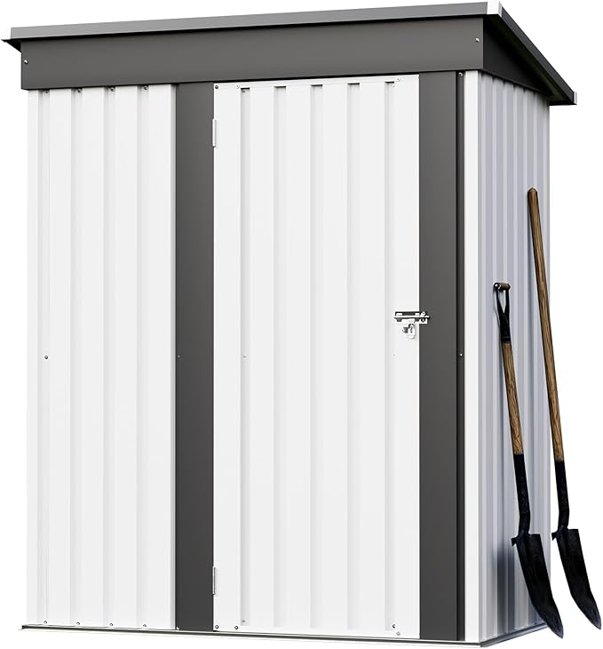Greesum 5x3FT Outdoor Storage Shed with Base, Utility Tool Shed with Sloping Roof, Metal Storaged Garden Shed with Door & Lock for Patio Storage, White