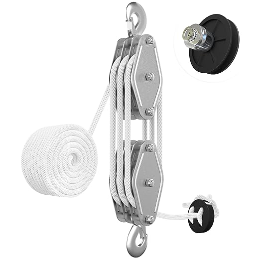 YATOINTO Rope Hoist Pulley System, 2200LB Pulley Block and Tackle, 6:1 Ratio Lifting Power 50ft, Heavy Duty Pulley Block for Hunting Lifting Heavy Objects Garage Warehouses Building
