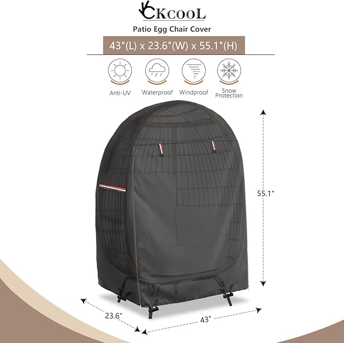 okcool Outdoor Egg Chair Cover,Waterproof Egg Chair Cover with Zipper for Wicker Patio Basket Chair(Black,Fits 43" L *25" W*55.1" H Egg Chair)