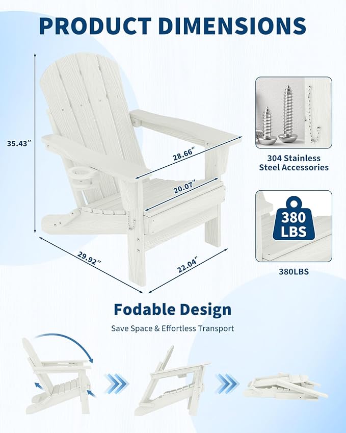 GarveeLife Folding Adirondack Chair Set of 2 with Ottoman, All-Weather HDPE Outdoor Chair, Wooden Textured with Cup Holder for patios, Decks, Gardens, fire pits, White