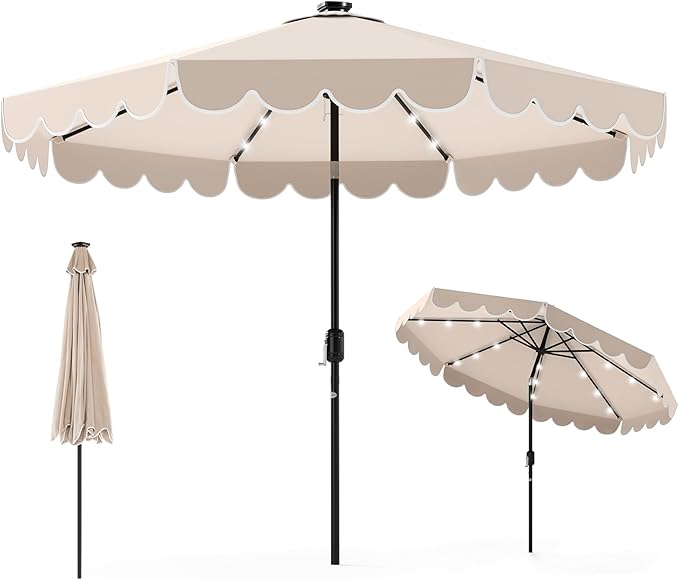 Tangkula 9 FT Solar Patio Umbrella, 2-Tiers Scalloped Outdoor Table Market Umbrella with 32 LED Lights, Vented Top, Tilt Adjustment, Crank, 8 Ribs for Backyard Poolside Deck Beach Lawn (Beige)