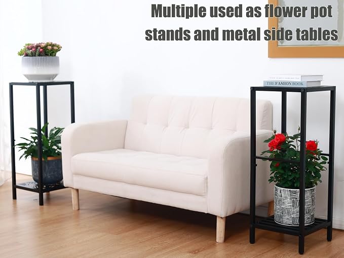 Party Zealot 2 Packs of 2-Tier Tall Metal Square Plant Stand 31” Heavy-Duty Modern Flower Pot Rack for Indoor Living Room, Corner Side Table for Outdoor Patio, Garden Planter Holder, Black, Leaf