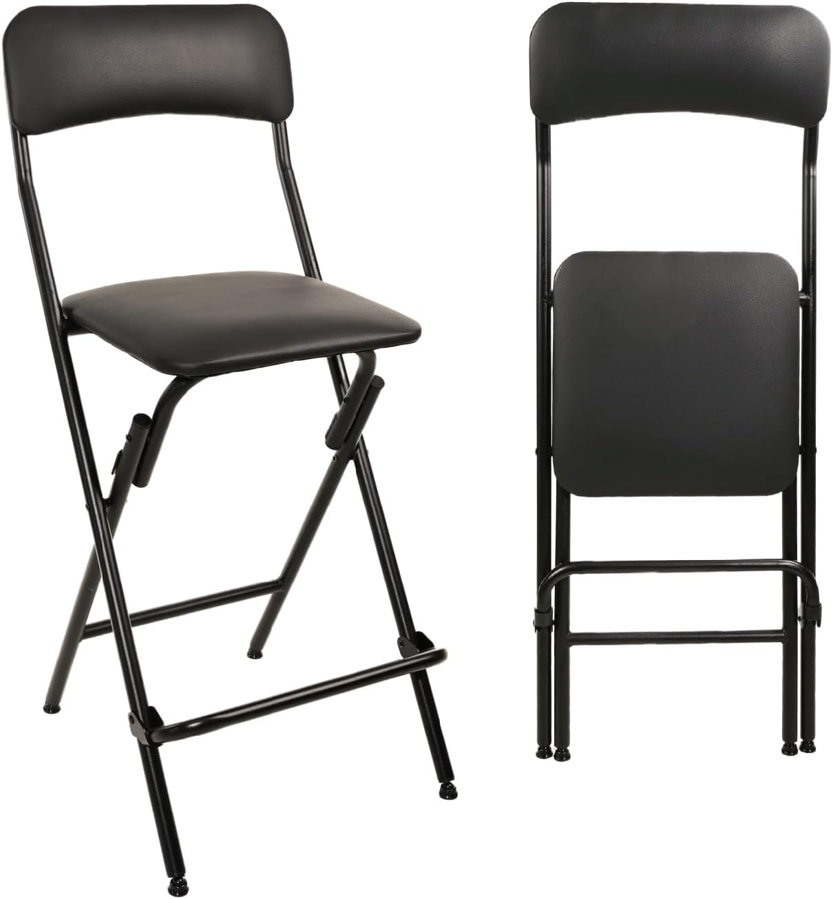 V&LX Folding Bar Stool with Backrest Leather Padded Portable Folding Stool Chair Counter Height Foldable Collapsible Stool for Kitchen Bar 2 Pack (Black, 25" H 2Pack)