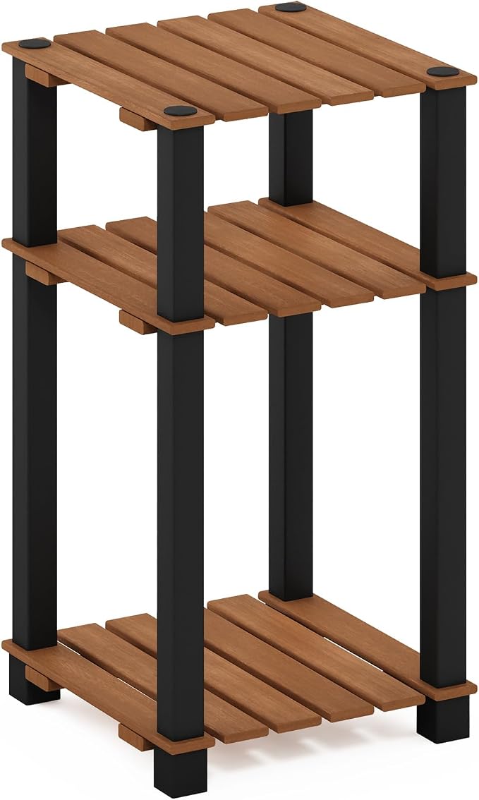 Furinno Pangkor 3-Tier Turn-N-Tube Indoor Outdoor Plant Shelf Wood Side Table with Square Poles, Natural/Black