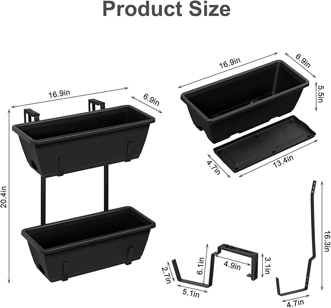 Railing Planter Box 2 Tier Window Boxes Planters Set of 2 with 4 Pack Flower Boxes 16.9 Inch Deck Railing Planter with Adjustable Brackets Black Balcony Fence Hanging Planters for Outdoor Porch Patio