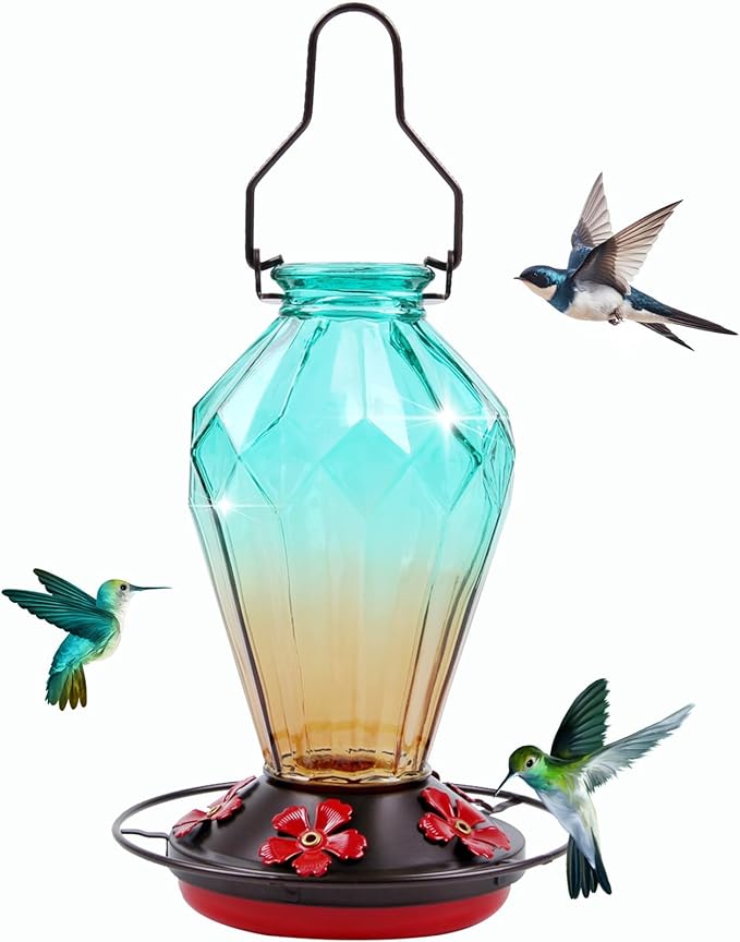 2 Pack Glass Hummingbird Feeder for Outdoors Hanging, 25Oz Humming Bird Nectar Feeder, Perch, 5 Flower Feeding Ports, Leak Proof Base, Hook for Outside Garden Backyard, Diamond Green