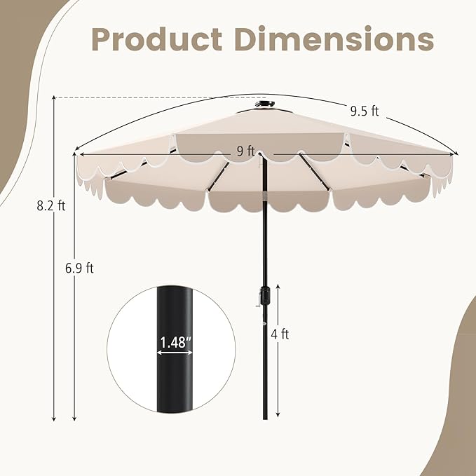 Tangkula 9 FT Solar Patio Umbrella, 2-Tiers Scalloped Outdoor Table Market Umbrella with 32 LED Lights, Vented Top, Tilt Adjustment, Crank, 8 Ribs for Backyard Poolside Deck Beach Lawn (Beige)