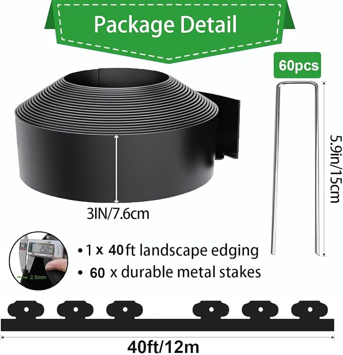 40Ft 3IN Landscape Edging,Garden Edging Border Kit with 60pcs Metal Stakes,Plastic Edging for Landscaping, Flexible Tool-Free Lawn Border for Flower Bed,Yard,Tree,Grass,Pathway-Black