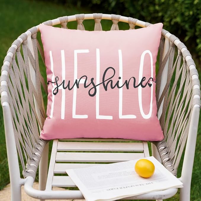 DFXSZ Outdoor Pillow Covers 18x18 Inch Set of 2 Hello Sunshine Decor Pink Waterproof Summer Outdoor Waterproof Pillow Covers Decor for Patio Funiture Garden Sofa Couch 020F18