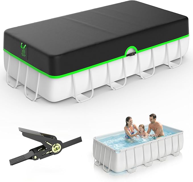 12x24ft Rectangular Pool Cover, 420D Heavy Duty Rectangle Swimming Pool Cover with Sturdy Strap Tensioner & Reflective Handles, Enhance Windproof, Tear & UV Resistant, Weather Protection
