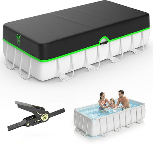 12x24ft Rectangular Pool Cover, 420D Heavy Duty Rectangle Swimming Pool Cover with Sturdy Strap Tensioner & Reflective Handles, Enhance Windproof, Tear & UV Resistant, Weather Protection