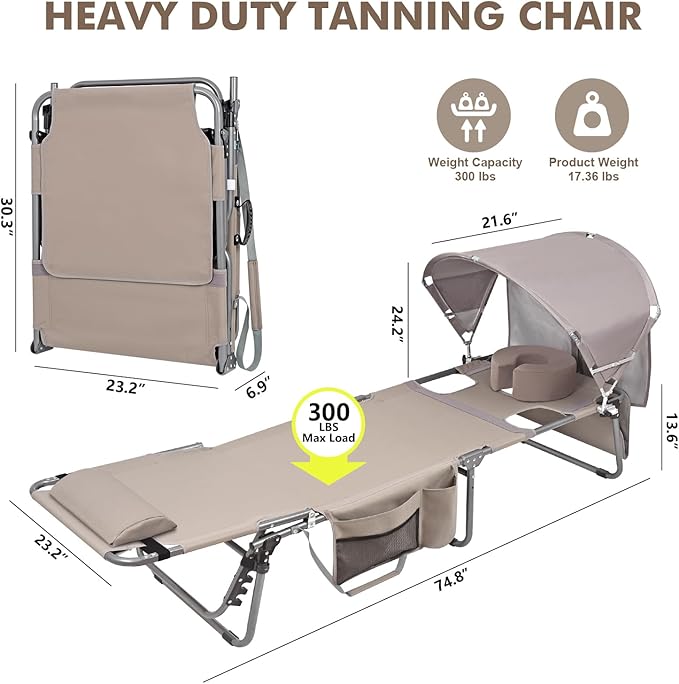 Tanning Chair with Sun Canopy Face Hole Softer Padded Adjustable Washable, Heavy Duty Layout Folding Lounge Chair for Adults Outside Beach Reading Sunbathing Poolside Lawn, UPF 50+ Sun Shade, 300 LBS