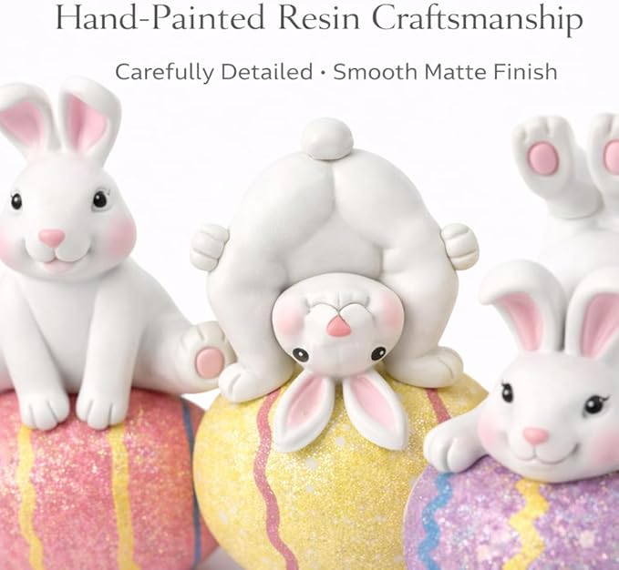 GoGnome Easter Decoration Indoor, Set of 3 Resin Easter Bunny Figurines on Pastel Eggs – 6.5''H Playful Rabbit Spring Decor for Shelf, Mantel & Tabletop (Pink/Yellow/Purple)