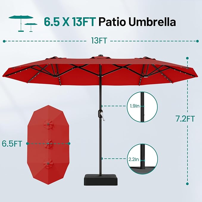 AreShark 13 FT Patio Umbrella with Solar Lights, Double-Sided Outdoor Table Umbrellas with Crank, Large Rectangular Market Umbrella for Porch, Lawn, Pool, Backyard, Red