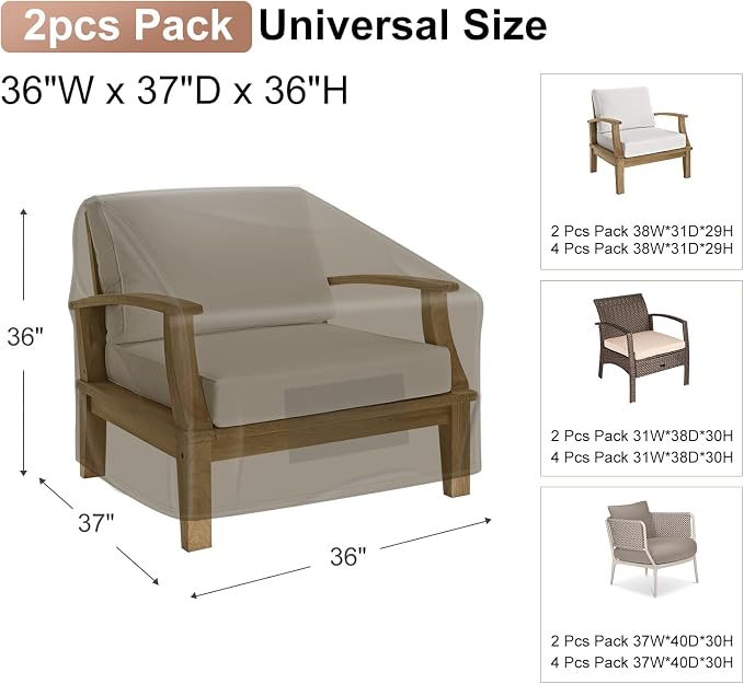 Patio Chair Covers Waterproof, Mrrihand Lounge Deep Seat Cover, Heavy Duty Outdoor Lawn Patio Furniture Covers, 36" W x 37" D x 36" H - 2 Pack