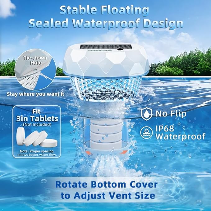 Ketom Solar Pool Chlorine Floater with Thermometer - Remote Control Floating Chlorine Dispenser with RGB Waterproof Pool Light Chlorine Tablet Floater 3 inch for Outdoor Swimming Hot Tub Spa